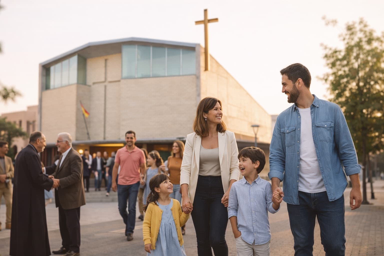 Familias caminando juntas a la entrada de la parroquia