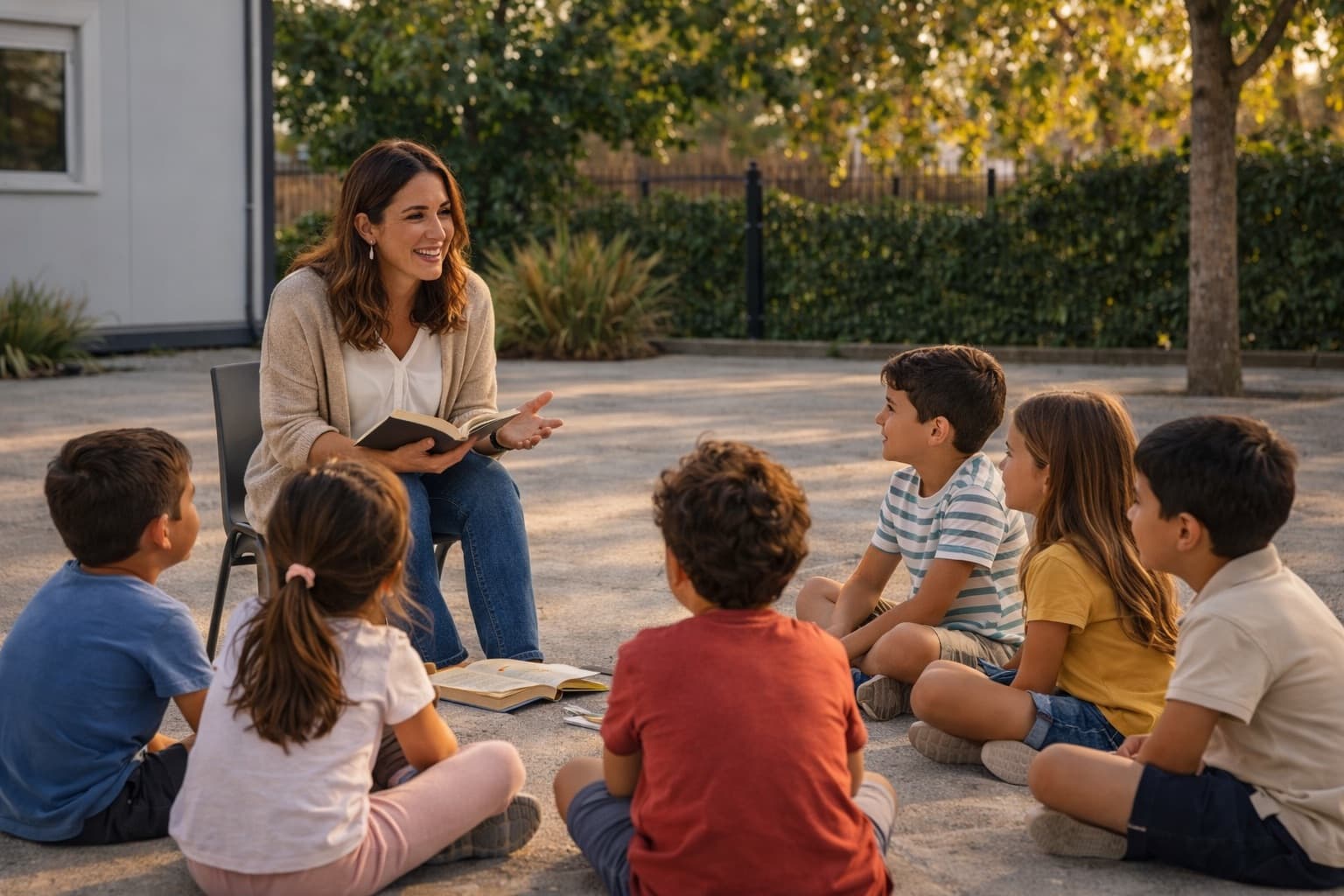 Catequista enseñando a un grupo de niños al aire libre
